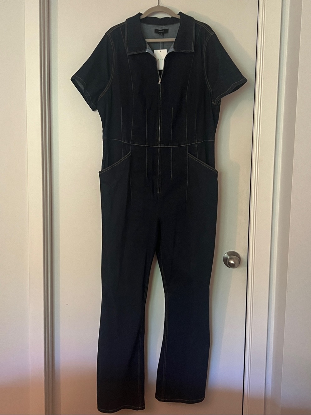 Forever 21 Denim Short-Sleeve Zip-Front Jumpsuit with Contrast Stitching